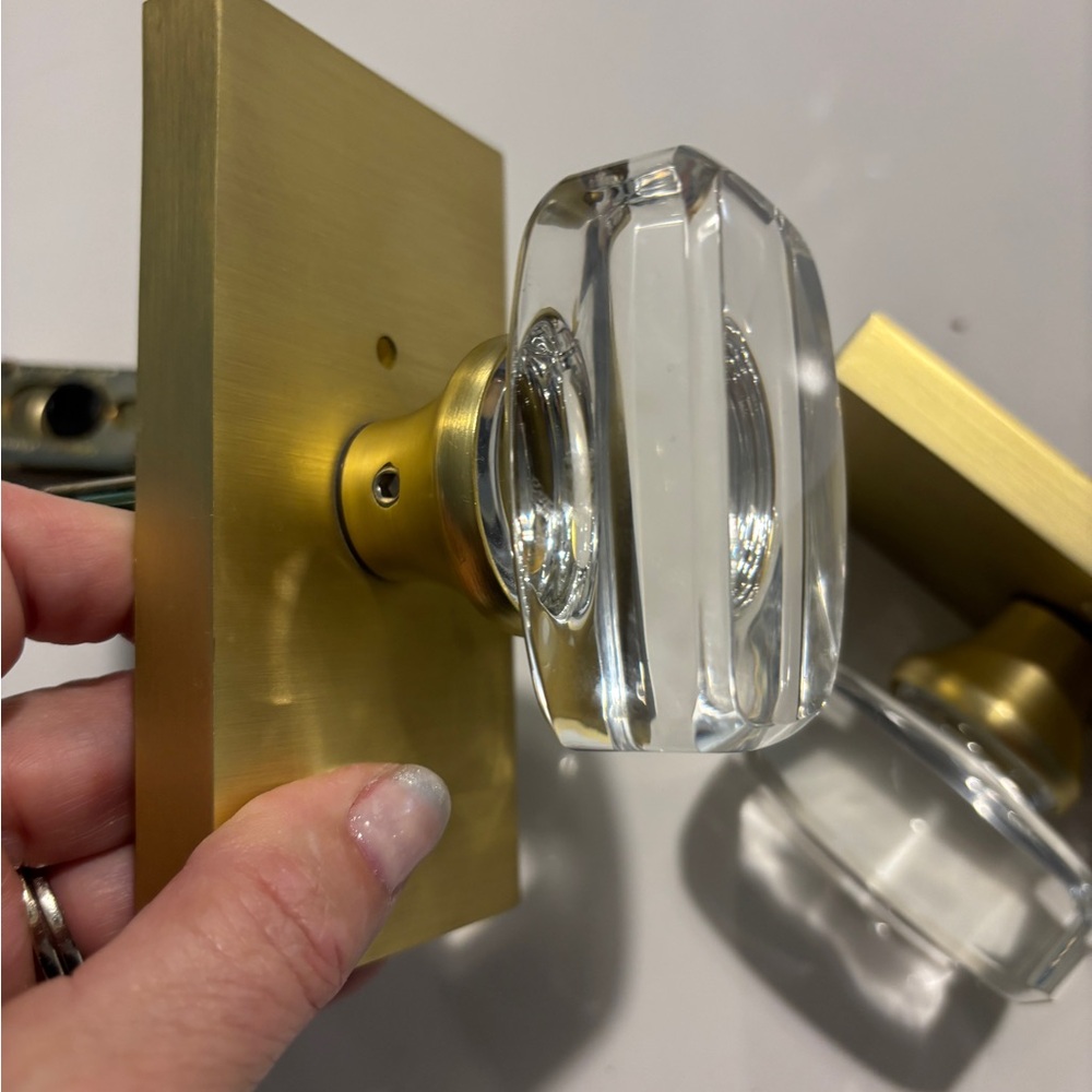 1 (one) Gold and Clear Glass Door Knob Set with lock for bedroom or bathroom